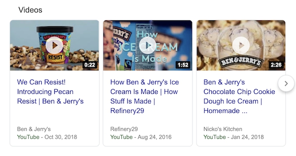 Блок видео в результатах поиска Google по запросу «Ben&Jerry’s»